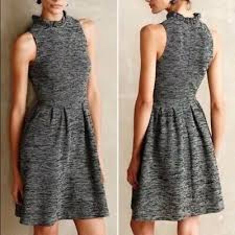 Ganni Anthropologie Pinnacle Tweed Knitted Ruffle Mock Neck Dress Medium